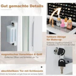 Schmuckschrank mit Spiegel Schmuck Spiegelschrank mit verstellbaren LED-Leuchten 54,5 x 54,5 x 160 cm Weiß