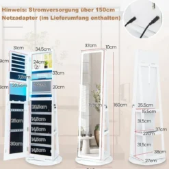 Schmuckschrank mit Spiegel Schmuck Spiegelschrank mit verstellbaren LED-Leuchten 54,5 x 54,5 x 160 cm Weiß