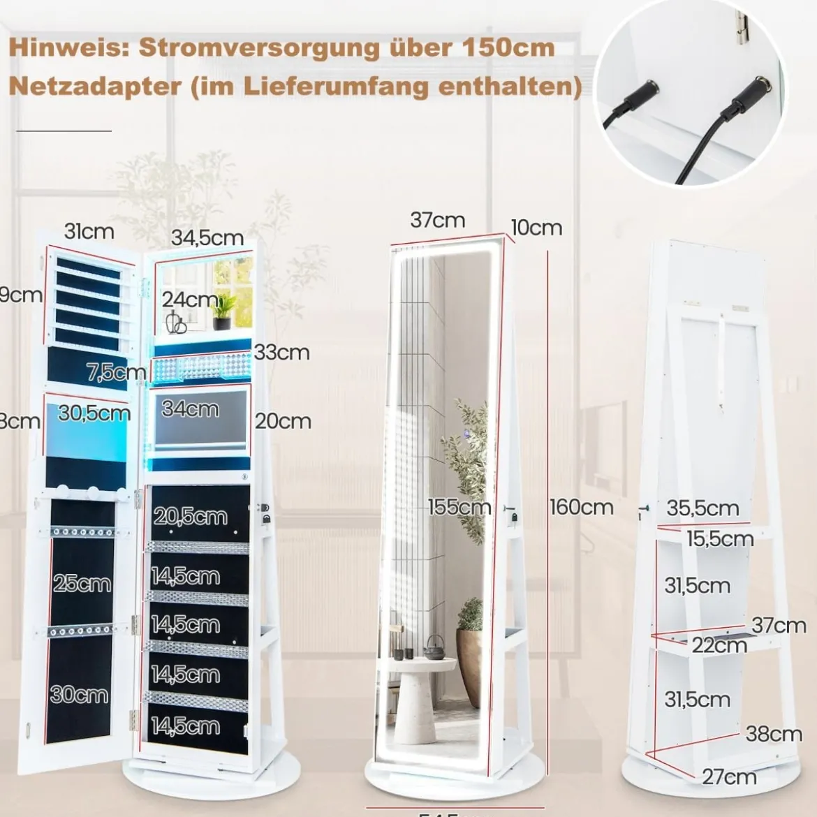 Schmuckschrank mit Spiegel Schmuck Spiegelschrank mit verstellbaren LED-Leuchten 54,5 x 54,5 x 160 cm Weiß