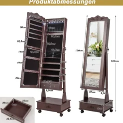 Schmuckschrank Spiegelschrank mit Ganzkörperspiegel & Schubladen & LED Braun