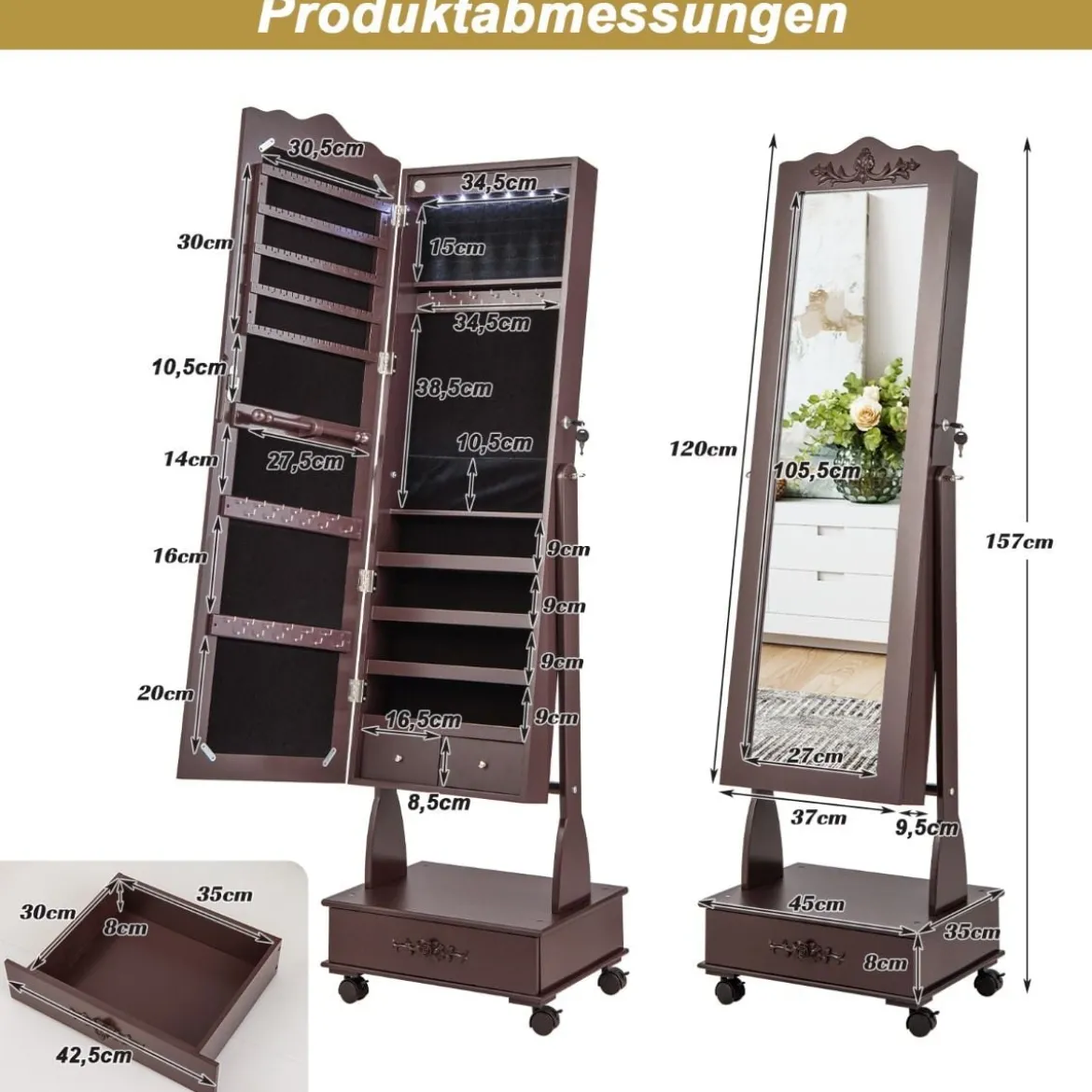 Schmuckschrank Spiegelschrank mit Ganzkörperspiegel & Schubladen & LED Braun