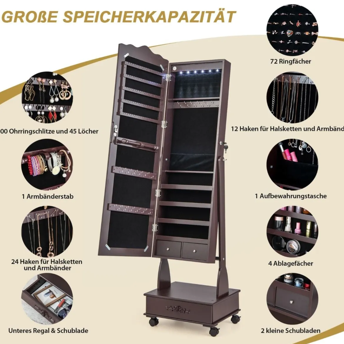 Schmuckschrank Spiegelschrank mit Ganzkörperspiegel & Schubladen & LED Braun