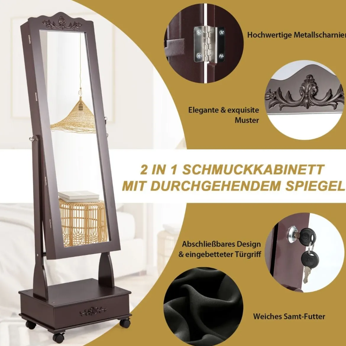 Schmuckschrank Spiegelschrank mit Ganzkörperspiegel & Schubladen & LED Braun