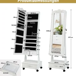 Schmuckschrank Spiegelschrank mit Ganzkörperspiegel & Schubladen & LED Weiß