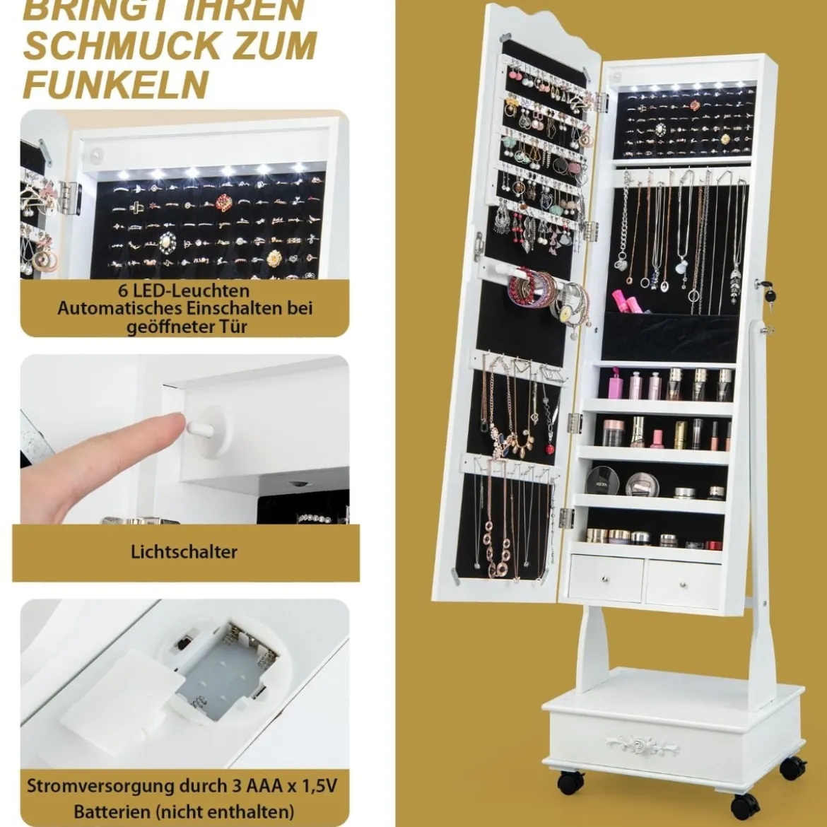 Schmuckschrank Spiegelschrank mit Ganzkörperspiegel & Schubladen & LED Weiß