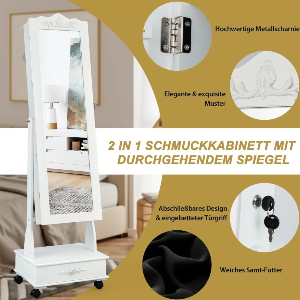 Schmuckschrank Spiegelschrank mit Ganzkörperspiegel & Schubladen & LED Weiß