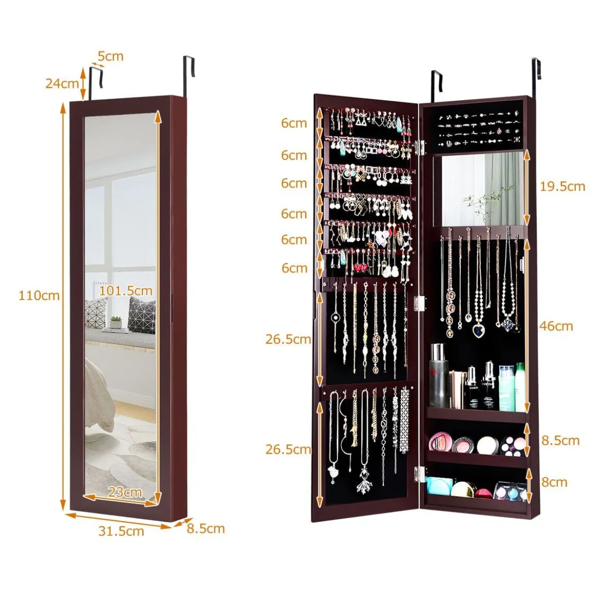 Schmuckschrank Spiegelschrank Wandspiegel 31,5 x 8,7 x 110 cm Braun