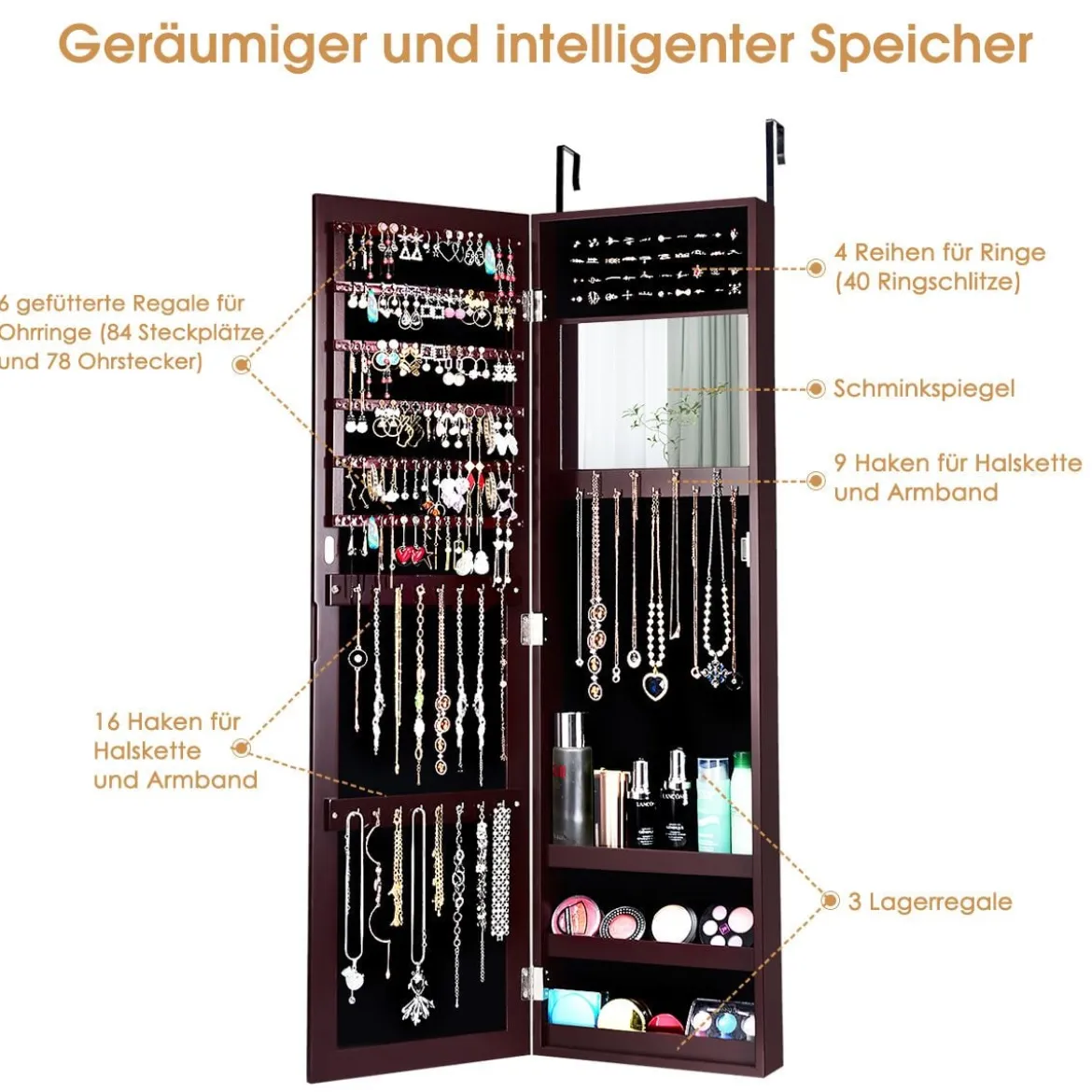 Schmuckschrank Spiegelschrank Wandspiegel 31,5 x 8,7 x 110 cm Braun