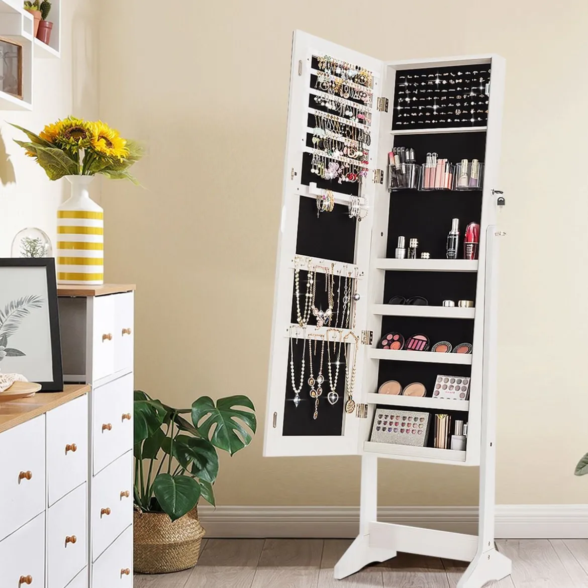 Schmuckschrank Standspiegel Freistehender Schmuckschrank mit Spiegel 41 x 36 x 156 cm Weiß