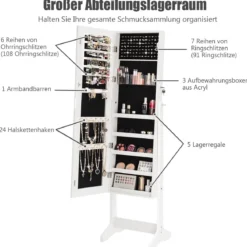 Schmuckschrank Standspiegel Freistehender Schmuckschrank mit Spiegel 41 x 36 x 156 cm Weiß