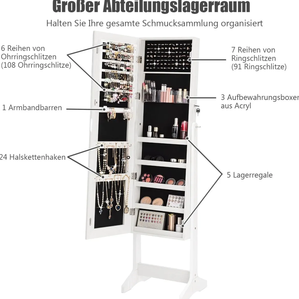 Schmuckschrank Standspiegel Freistehender Schmuckschrank mit Spiegel 41 x 36 x 156 cm Weiß
