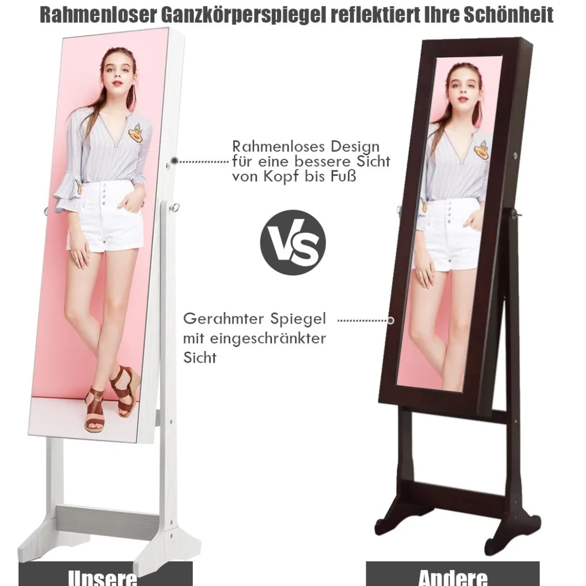 Schmuckschrank Standspiegel Freistehender Schmuckschrank mit Spiegel 41 x 36 x 156 cm Weiß