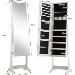 Schmuckschrank Standspiegel Freistehender Schmuckschrank mit Spiegel 41 x 36 x 156 cm Weiß