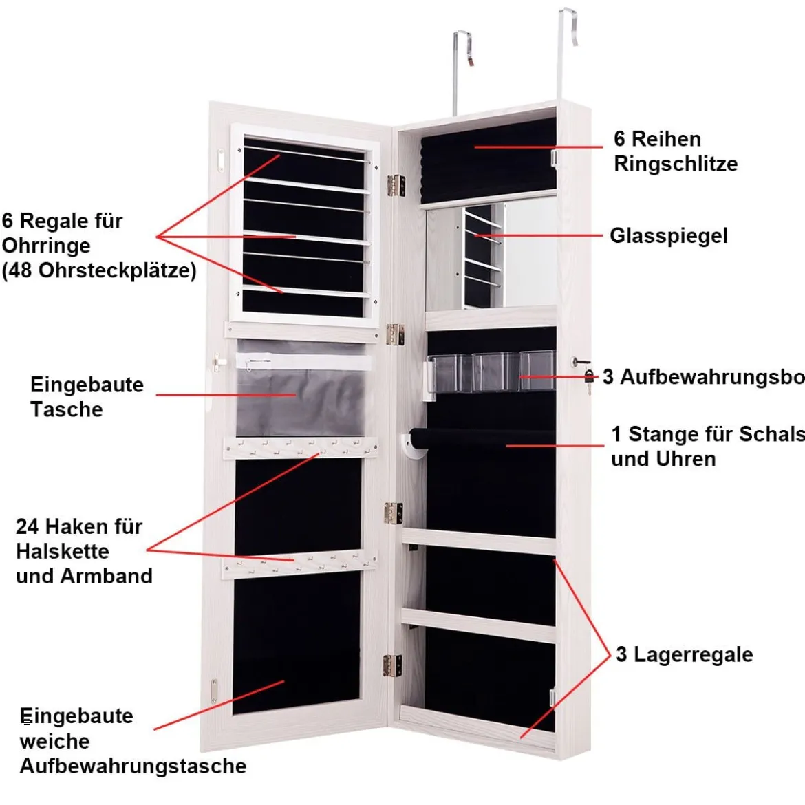 Schmuckschrank 3 Stufen Höheneinstellbar Spiegelschrank 120 x 40 x 12 cm Weiß