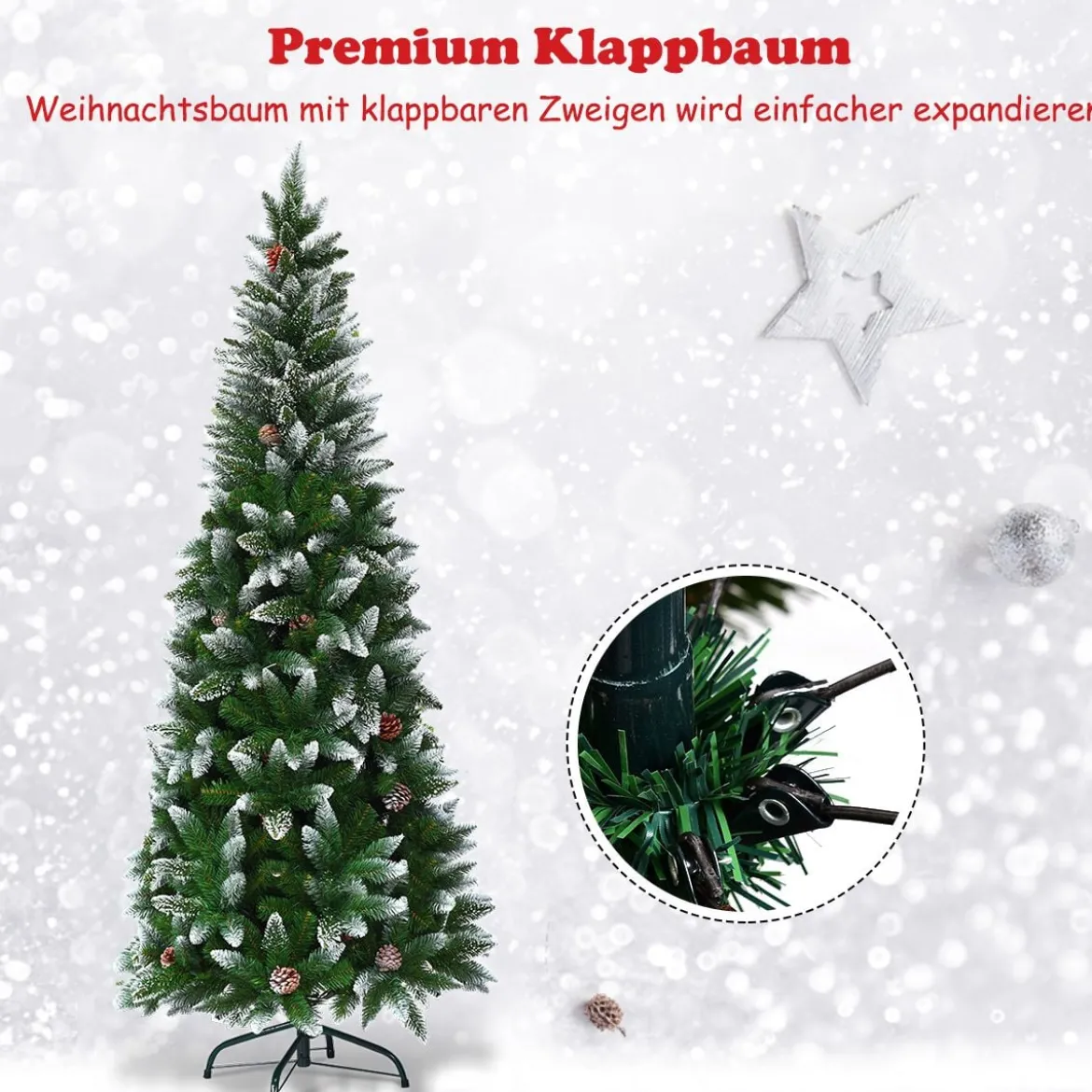 Schneebedeckter Weihnachtsbaum mit Metallständer und 630 Spitzen PVC Nadeln 180 cm