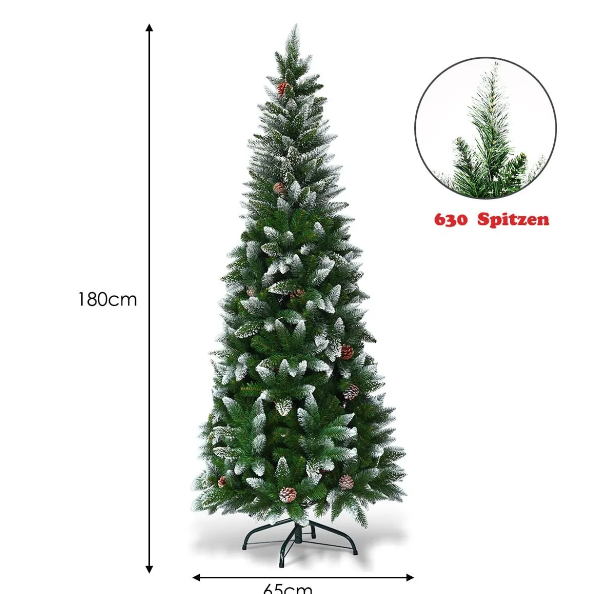 Schneebedeckter Weihnachtsbaum mit Metallständer und 630 Spitzen PVC Nadeln 180 cm
