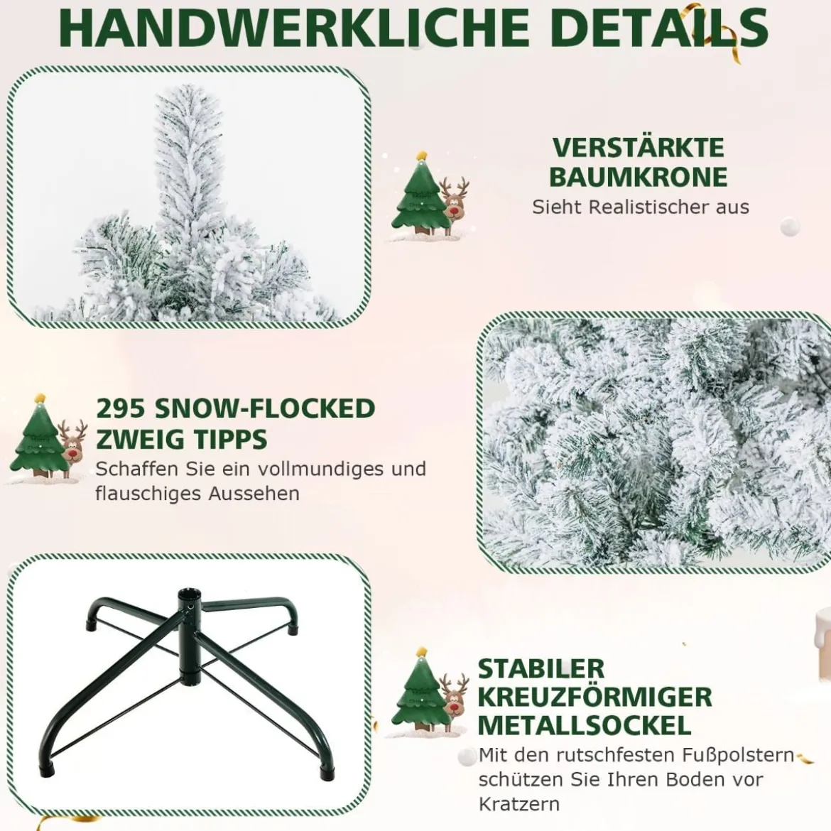 Schneebeflockter Weihnachtsbaum mit 295 Spitzen und 150 Warmweißen LED-Leuchten 137 cm