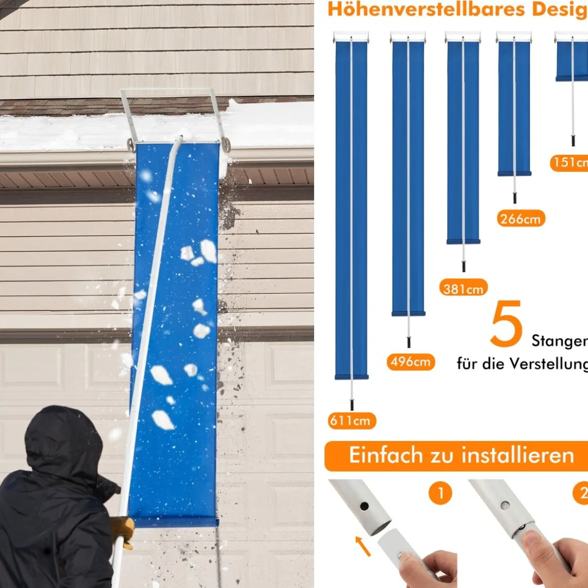 Schneerechen mit 5-teiliger Stange & Aluminiumrahmen & Rutschfestem Griff Silber