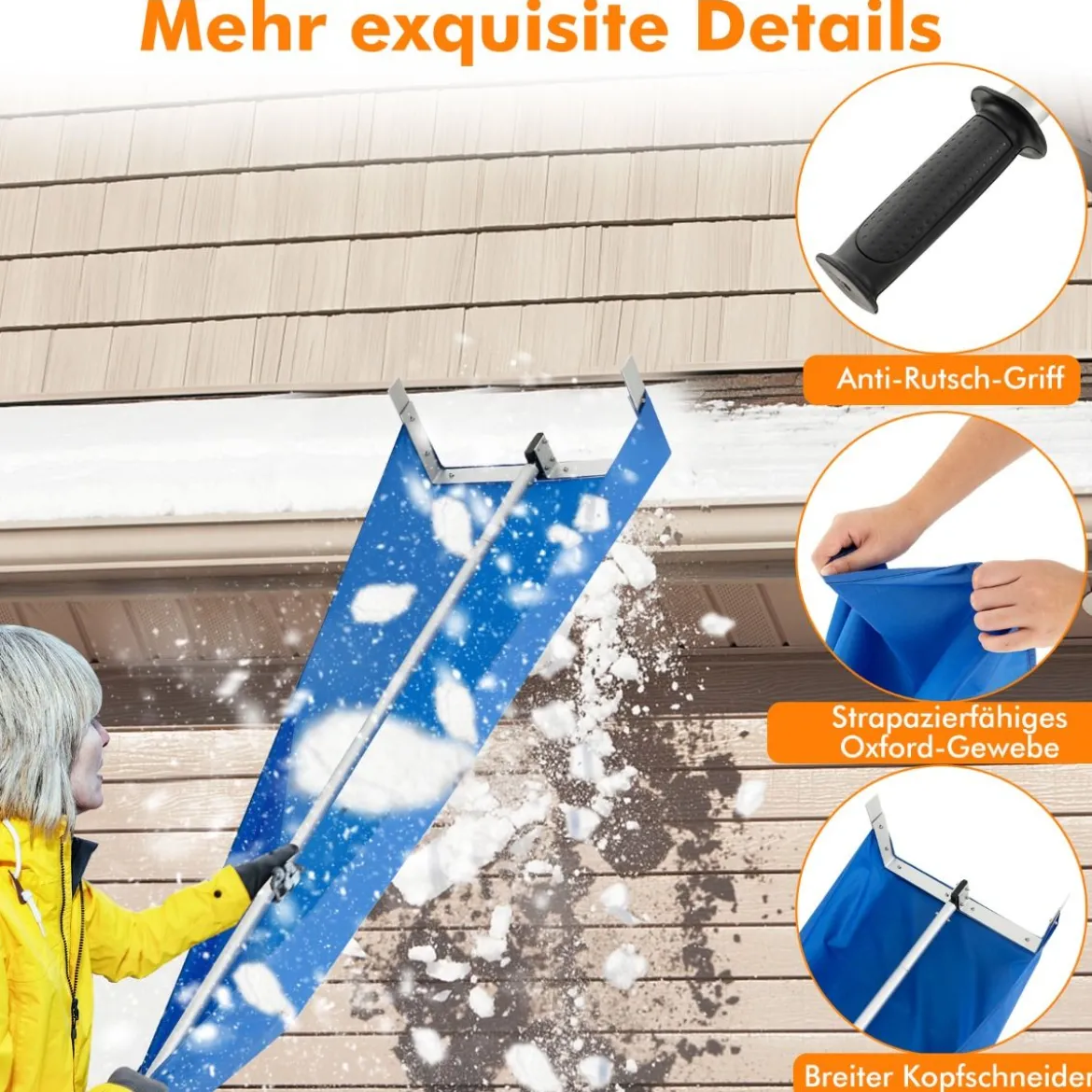 Schneerechen mit 4-teiliger Stange & Praktischen Rädern & Rutschfestem Griff Dachrechen Silber