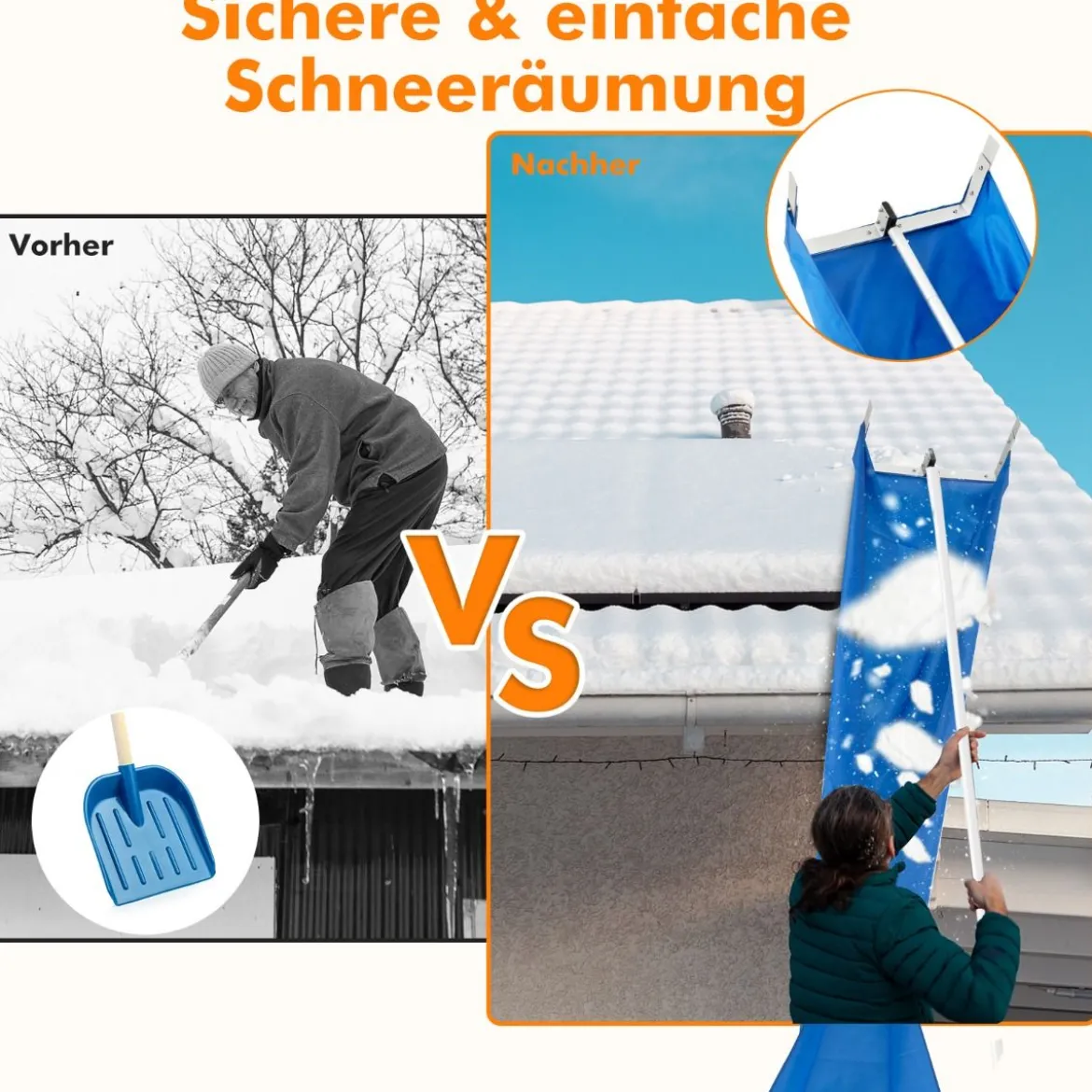 Schneerechen mit 4-teiliger Stange & Praktischen Rädern & Rutschfestem Griff Dachrechen Silber