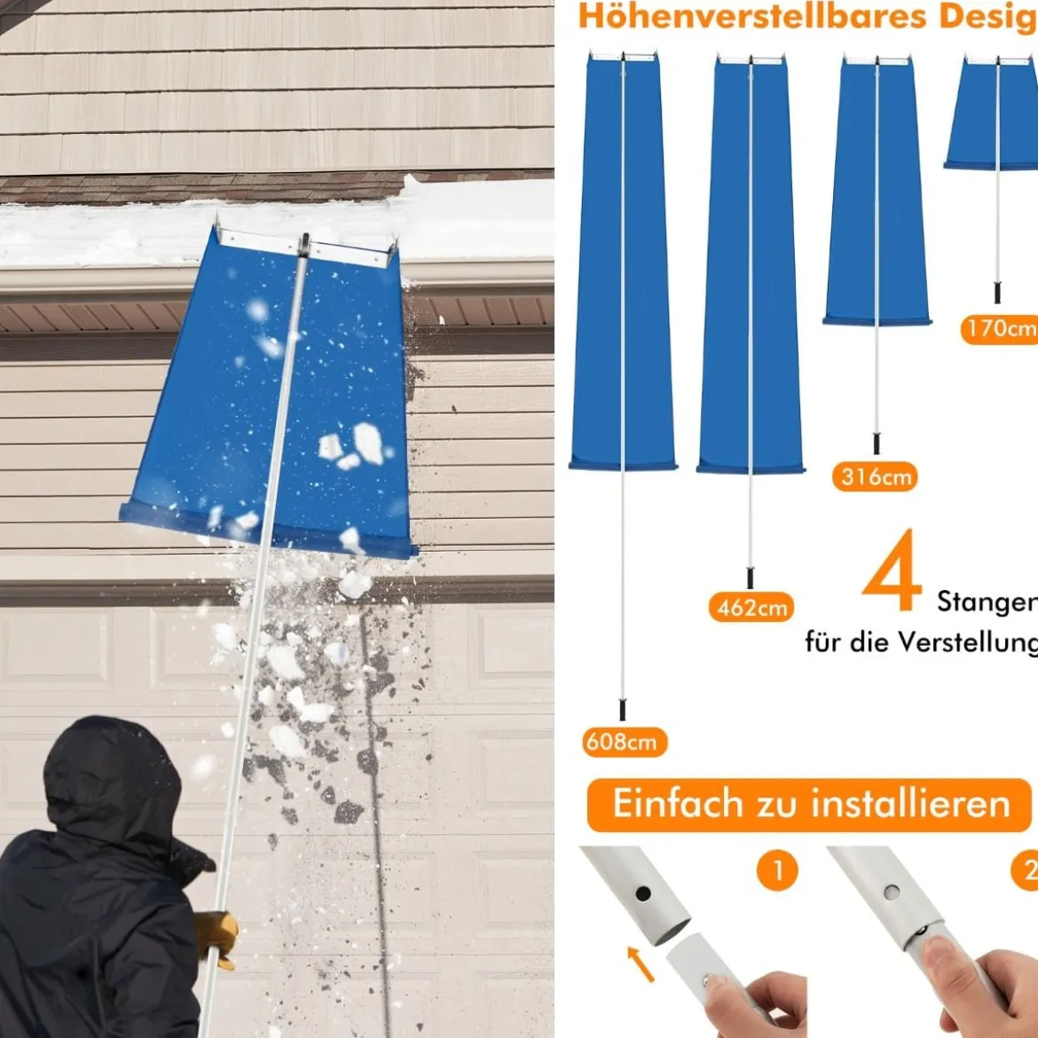 Schneerechen mit 4-teiliger Stange & Praktischen Rädern & Rutschfestem Griff Dachrechen Silber