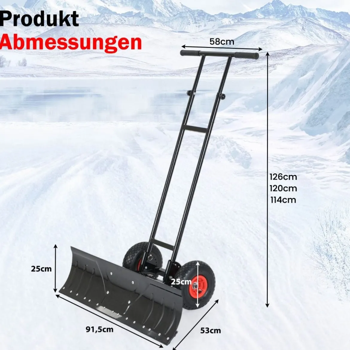 Schneeschaufel auf Rädern 91,5 cm Arbeitsbreite höhenverstellbar & Einstellbarer Winkel Schwarz