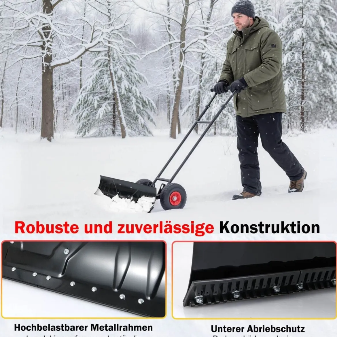 Schneeschaufel auf Rädern 91,5 cm Arbeitsbreite höhenverstellbar & Einstellbarer Winkel Schwarz