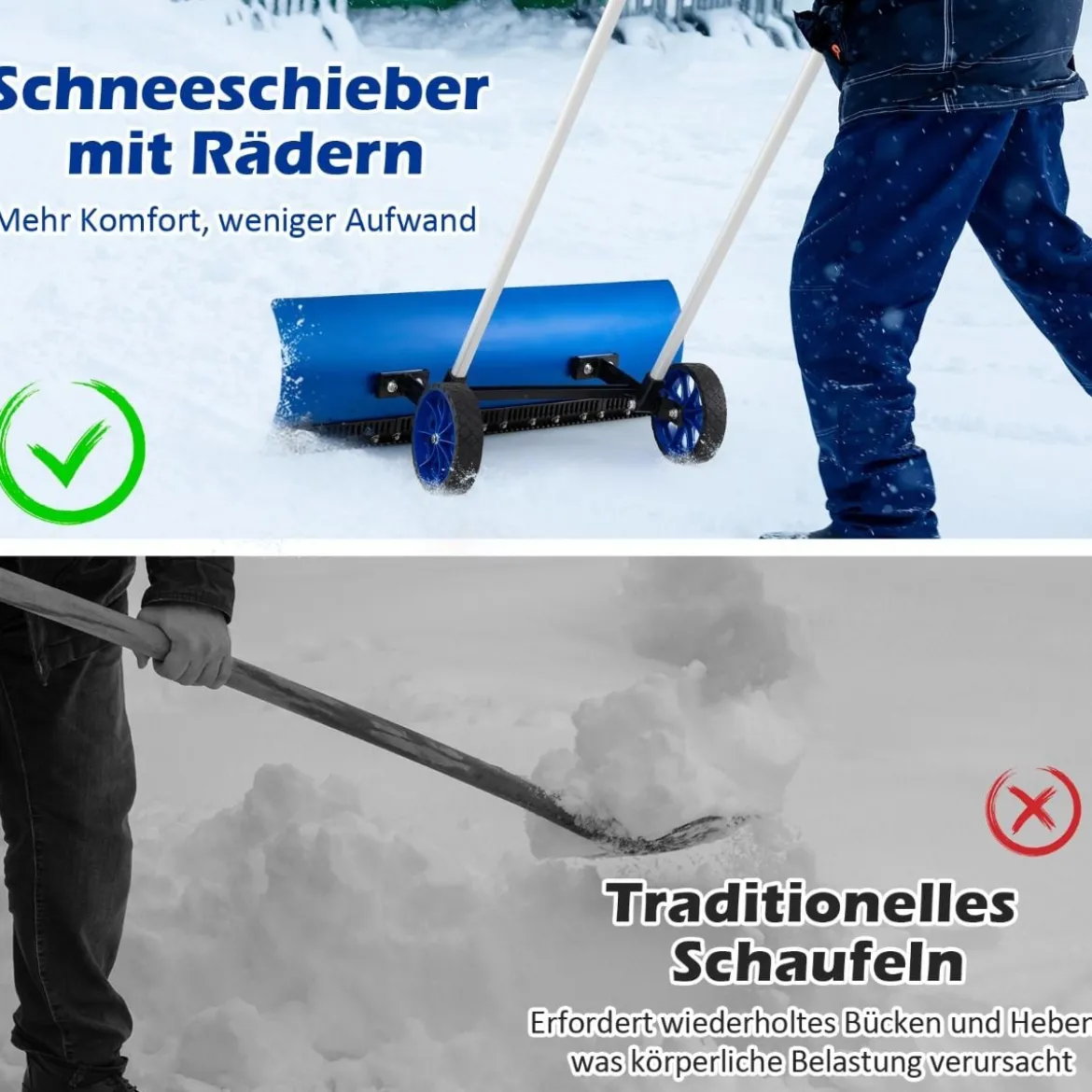 Schneeschaufel auf Rädern Schneeschild 95 cm höhenverstellbar Schneeräumer Alu