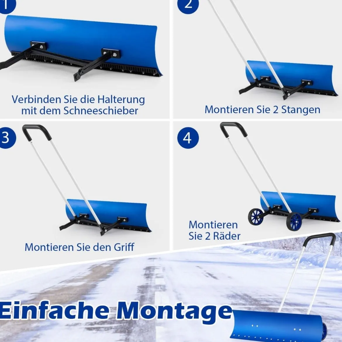 Schneeschaufel auf Rädern Schneeschild 95 cm höhenverstellbar Schneeräumer Alu