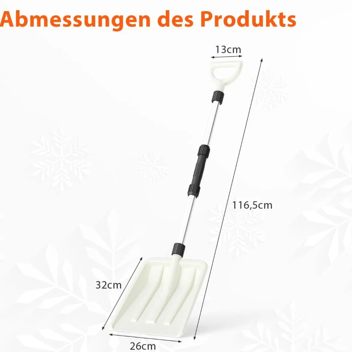 Schneeschaufel 26 cm breit leichte Schneeschieber mit ergonomischem Griff & robustem Aluminiumstiel Weiß