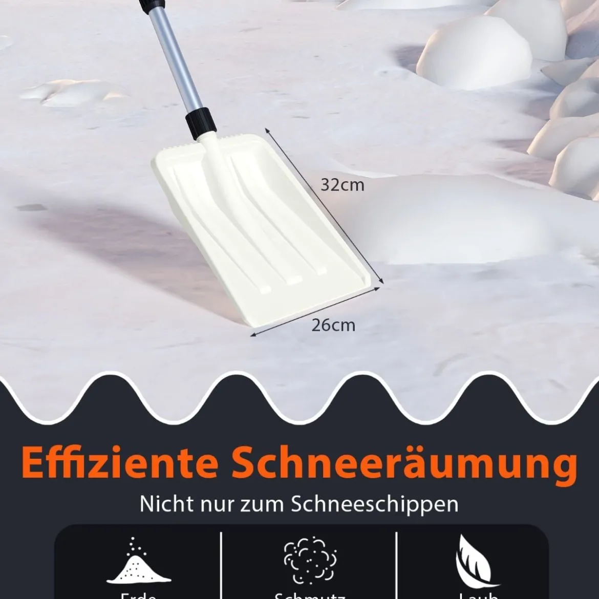 Schneeschaufel 26 cm breit leichte Schneeschieber mit ergonomischem Griff & robustem Aluminiumstiel Weiß