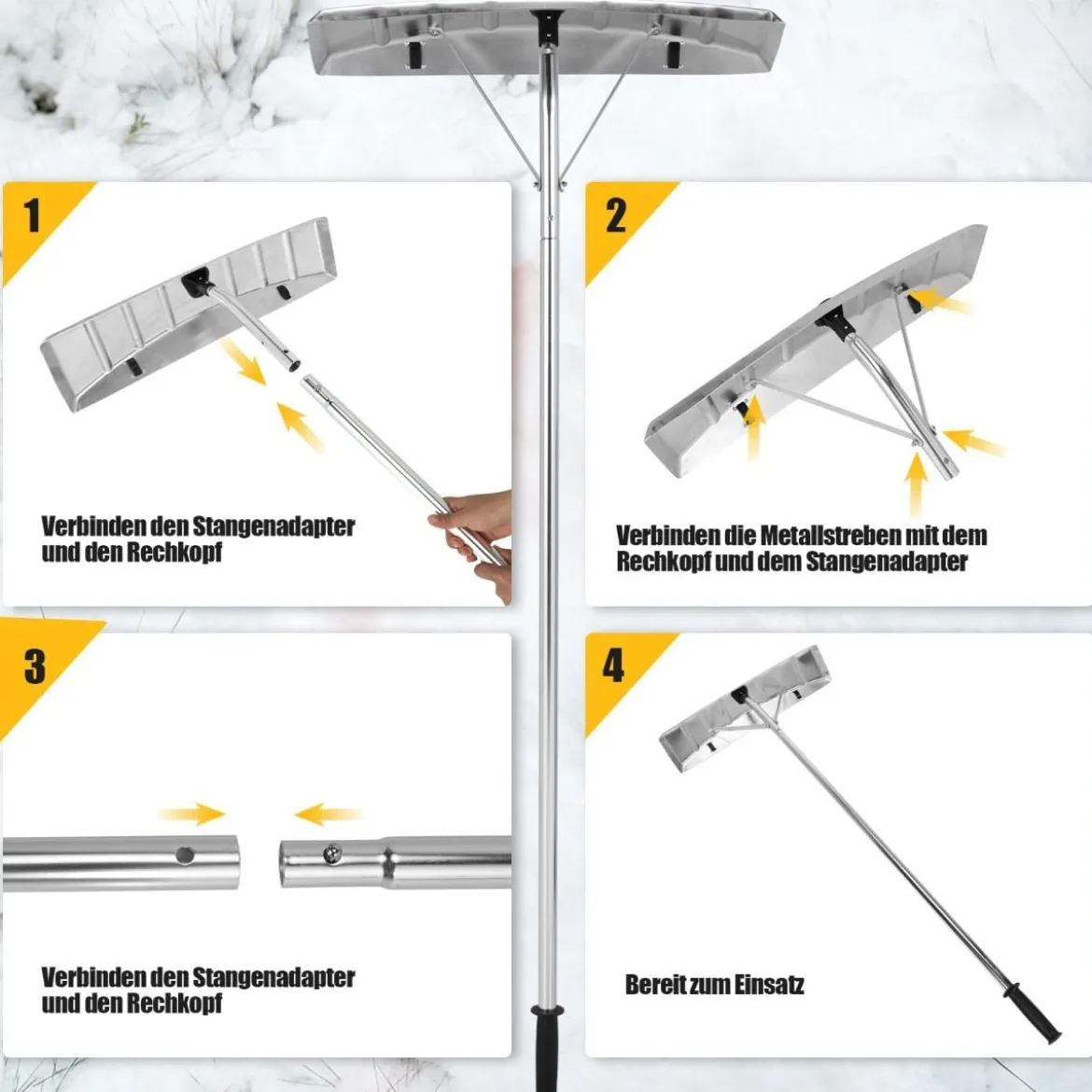 Schneeschaufel 1,48–6,08 m verstellbarer Dachrechen aus Aluminium Schneeräumer