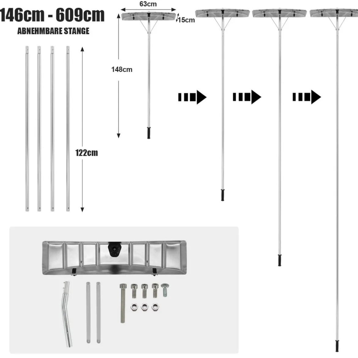 Schneeschaufel 1,48–6,08 m verstellbarer Dachrechen aus Aluminium Schneeräumer