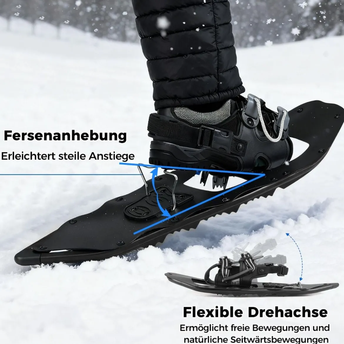 Schneeschuhe mit Steighilfe inkl. Trekkingstöcke & Tragetasche Schuhgröße 35-45 bis 90kg Schwarz