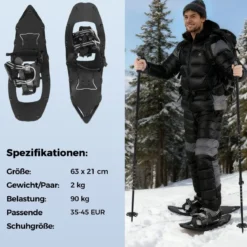 Schneeschuhe mit Steighilfe inkl. Trekkingstöcke & Tragetasche Schuhgröße 35-45 bis 90kg Schwarz