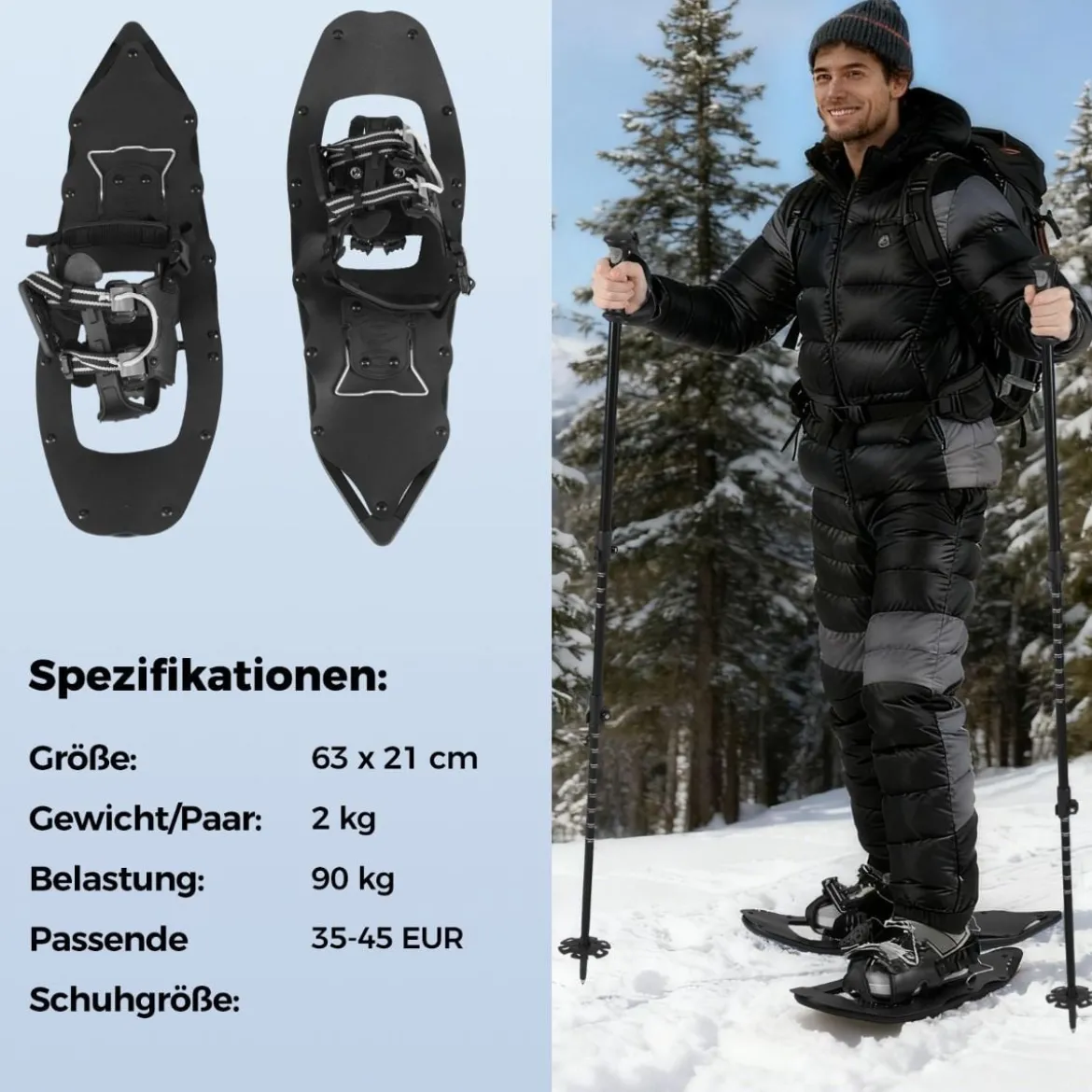 Schneeschuhe mit Steighilfe inkl. Trekkingstöcke & Tragetasche Schuhgröße 35-45 bis 90kg Schwarz