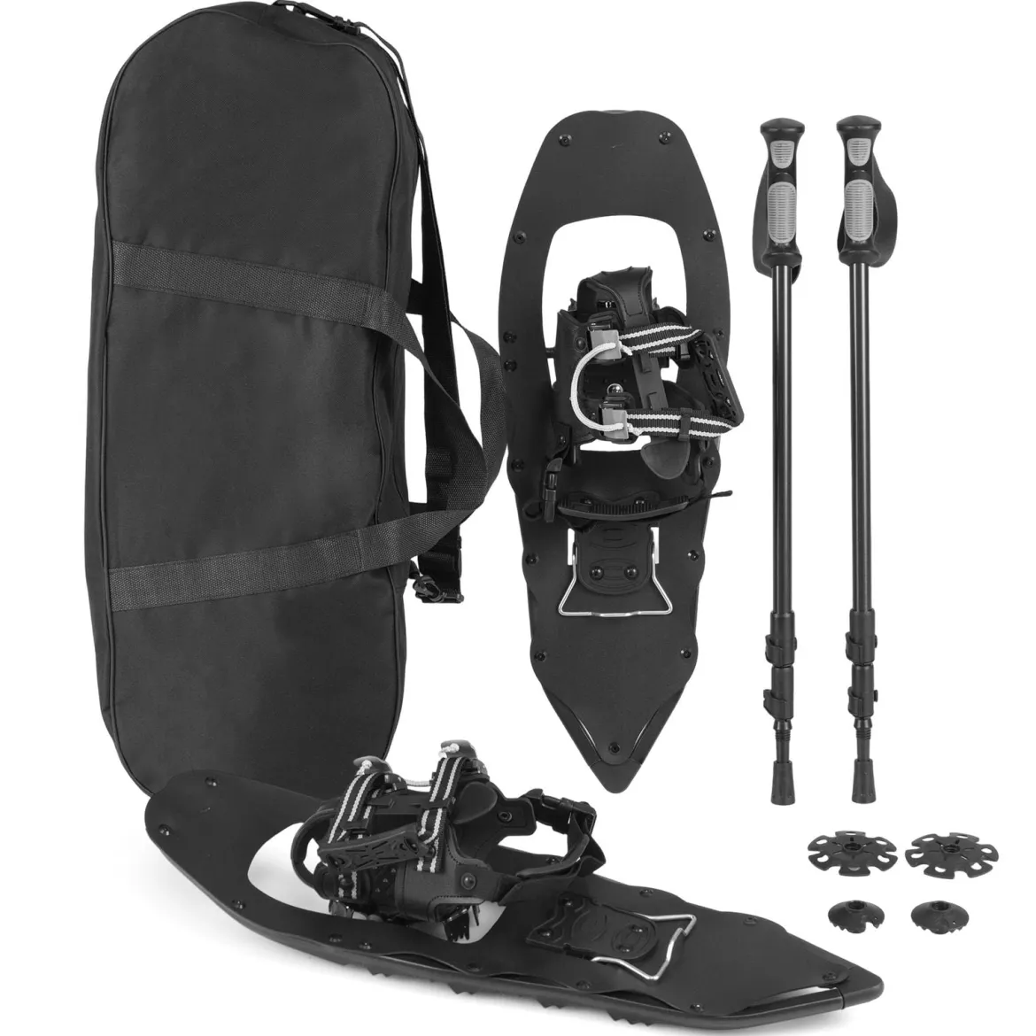 Schneeschuhe mit Steighilfe inkl. Trekkingstöcke & Tragetasche Schuhgröße 35-45 bis 90kg Schwarz