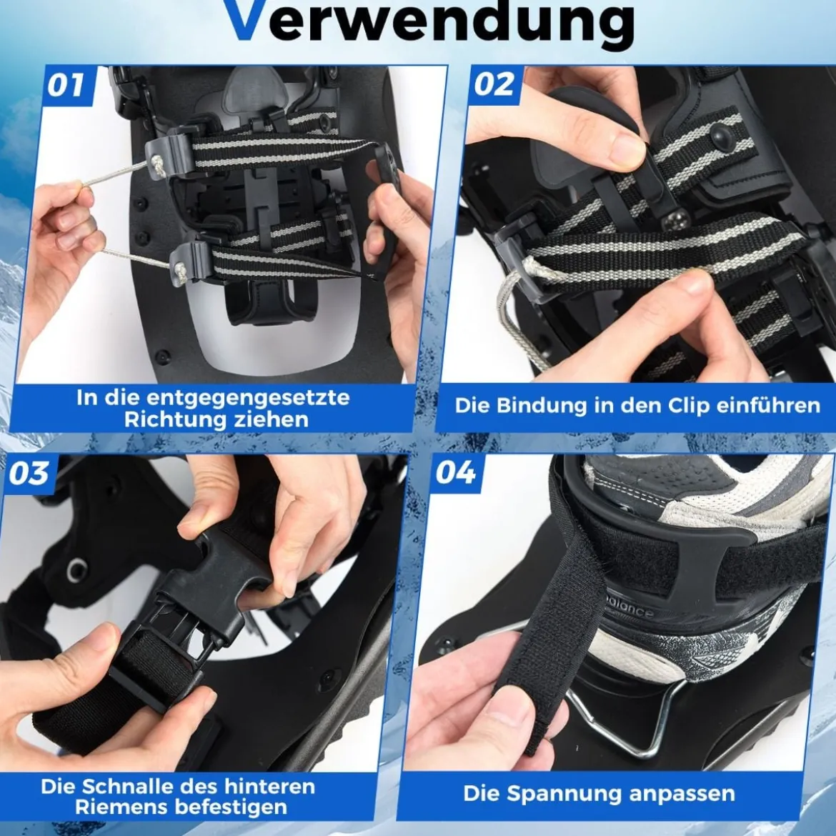 Schneeschuhe mit Steighilfe inkl. Trekkingstöcke & Tragetasche Schuhgröße 35-45 bis 90kg Schwarz
