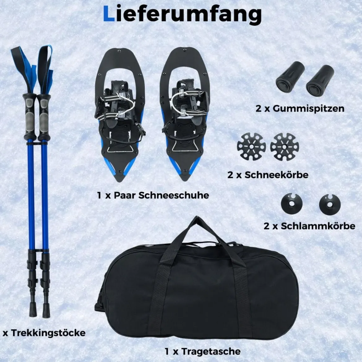 21" Schneeschuhe mit Trekkingstöcken Schuhgröße 35-40 bis 68kg leichtes Schneeschuh-Set Blau
