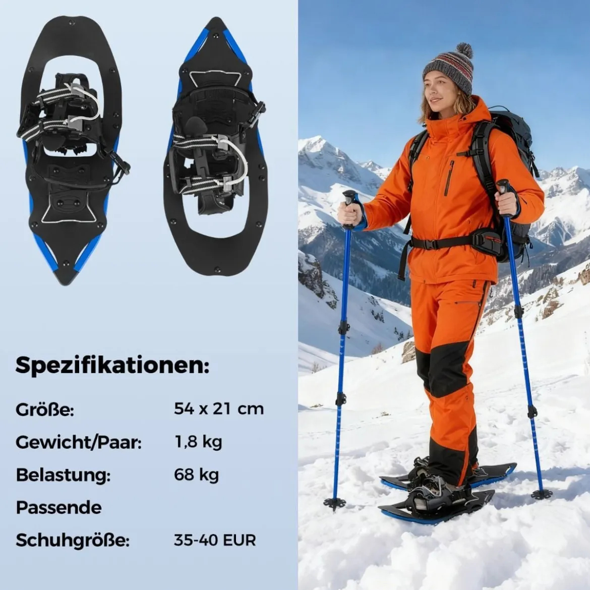 21" Schneeschuhe mit Trekkingstöcken Schuhgröße 35-40 bis 68kg leichtes Schneeschuh-Set Blau