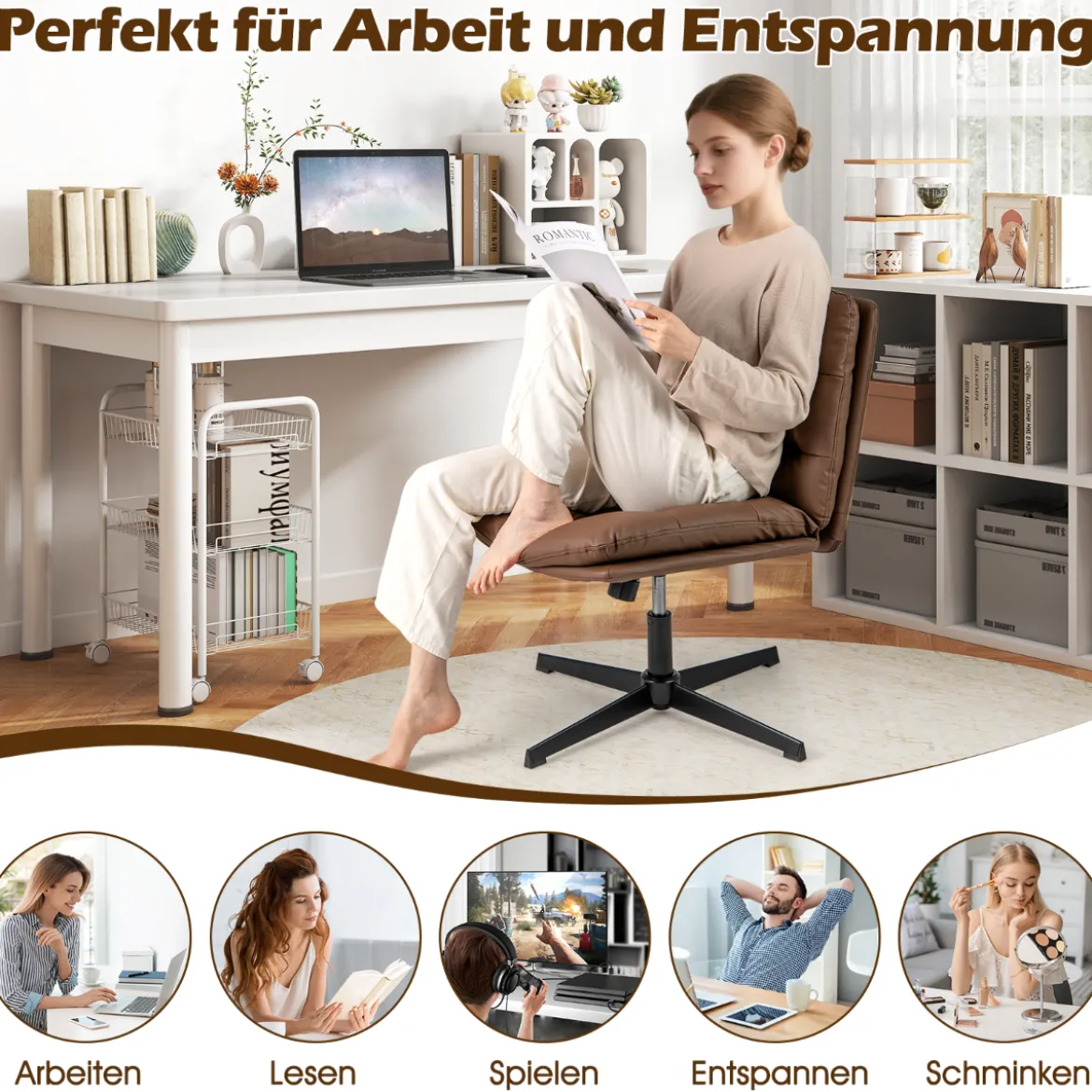 Schneidersitz Stuhl mit Dicker Polsterung Höhenverstellbarer Drehstuhl Bürostuhl Braun