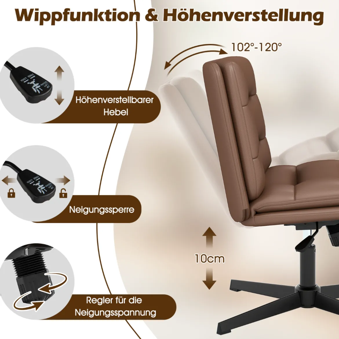 Schneidersitz Stuhl mit Dicker Polsterung Höhenverstellbarer Drehstuhl Bürostuhl Braun