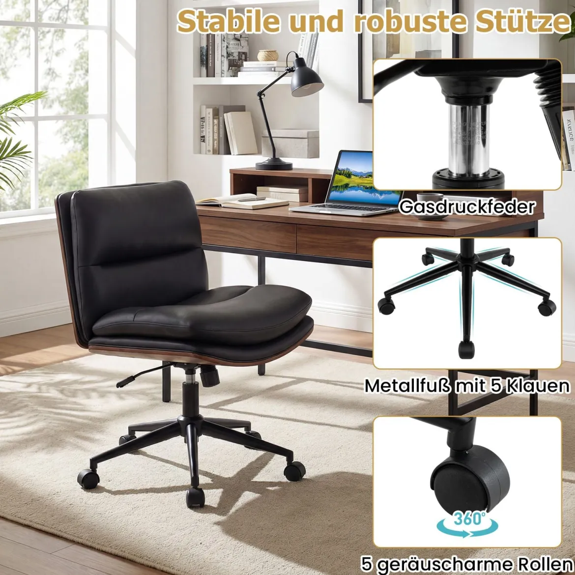 Schneidersitz Stuhl mit Rollen Gepolsterter Schreibtischstuhl ohne Armlehnen Drehstuhl Schwarz