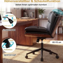 Schneidersitz Stuhl mit Rollen Gepolsterter Schreibtischstuhl ohne Armlehnen Drehstuhl Schwarz