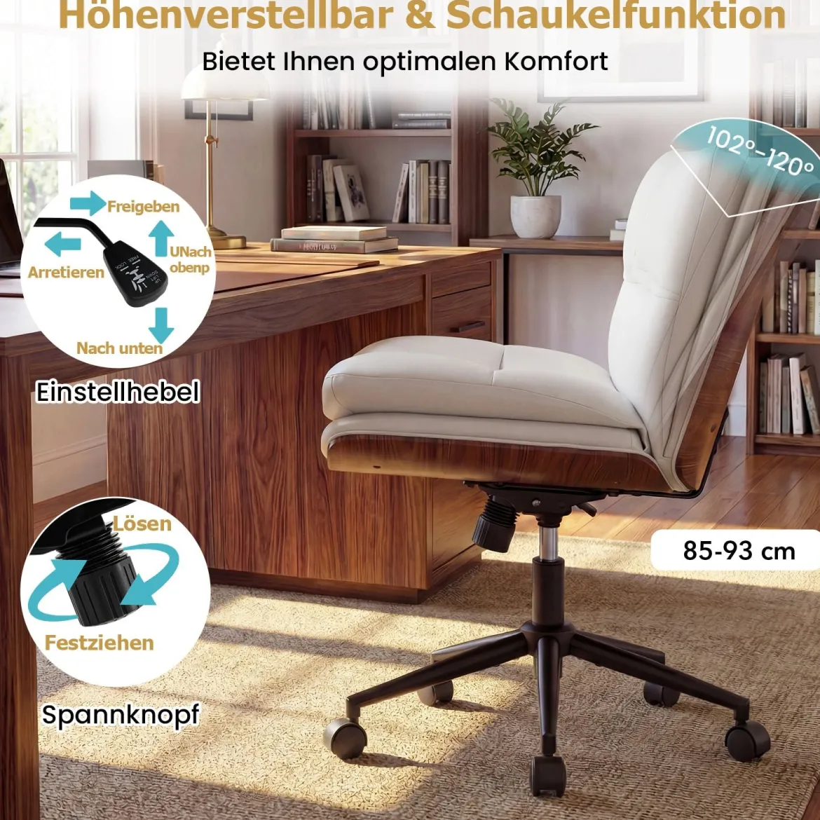 Schneidersitz Stuhl mit Rollen Gepolsterter Schreibtischstuhl ohne Armlehnen Drehstuhl Weiß