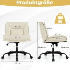 Schneidersitz Stuhl mit Rollen & Breiter Sitzfläche Schreibtischstuhl Bürostuhl Schminkstuhl Beige