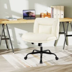 Schneidersitz Stuhl mit Rollen & Breiter Sitzfläche Schreibtischstuhl Bürostuhl Schminkstuhl Beige