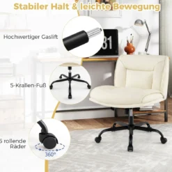 Schneidersitz Stuhl mit Rollen & Breiter Sitzfläche Schreibtischstuhl Bürostuhl Schminkstuhl Beige