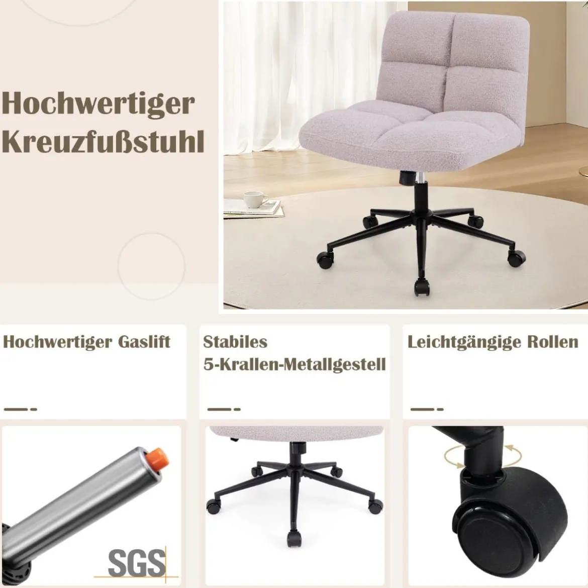 Schneidersitz Stuhl mit Rollen Drehstuhl ohne Armlehnen Schreibtischstuhl mit breiter Sitzfläche