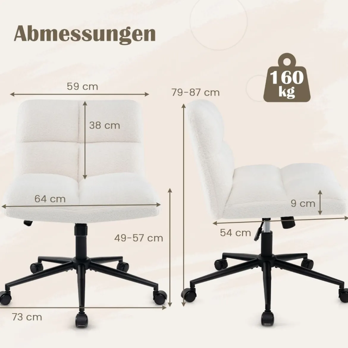 Schneidersitz Stuhl mit Rollen Drehstuhl ohne Armlehnen Schreibtischstuhl mit breiter Sitzfläche